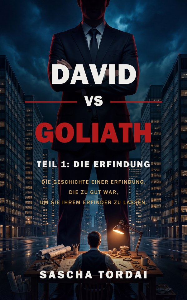 Buchcover David vs Goliath, Teil 1: Die Erfindung, von Sascha Tordai (Covermotiv KI-generiert)