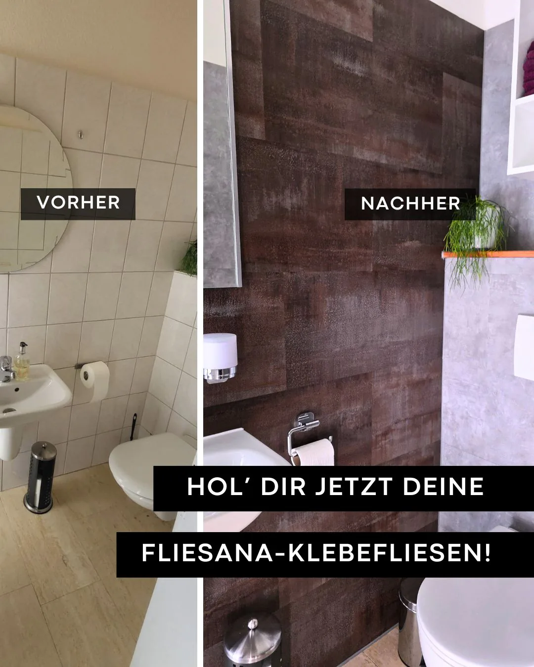 Self-adhesive tiles bathroom before and after