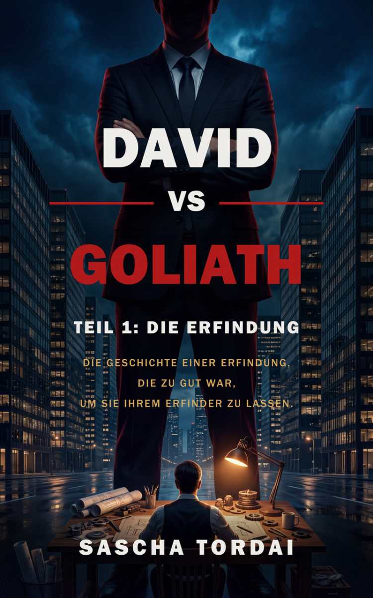Buchcover David vs Goliath, Teil 1: Die Erfindung, von Sascha Tordai (Covermotiv KI-generiert)